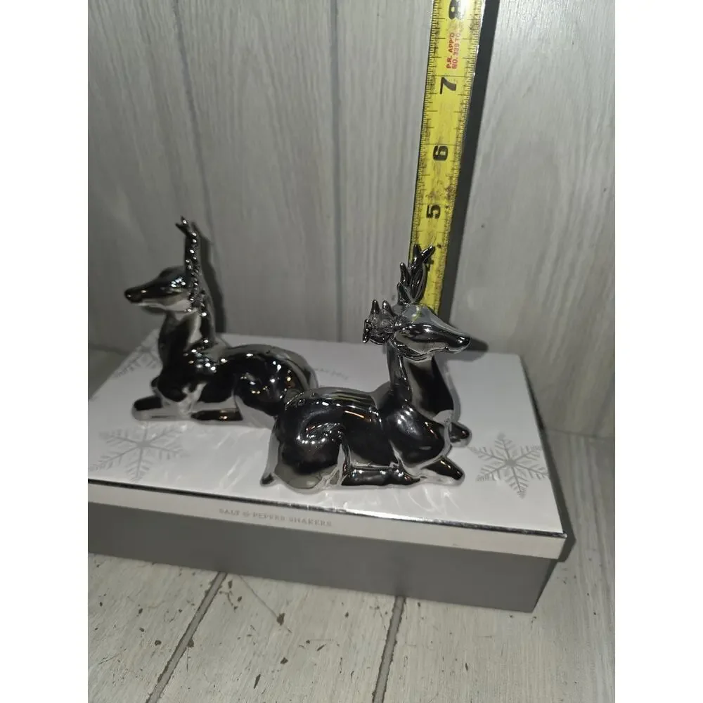 Pier 1 Reindeer Salt & Pepper Shakers Silver Tone Holiday Christmas Festive NIB